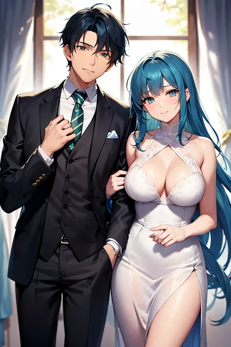 The girl, with her radiant emerald green eyes, gently holds the blue-haired boys striped tie with an elegant hand, its vibrant colors contrasting against her own simple attire. Her other hand rests on his shoulder, creating a sense of warmth and familiarit...