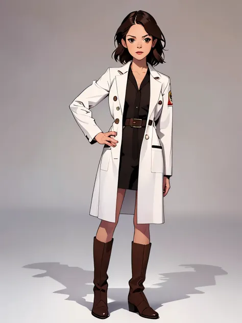 masterpiece, best quality, full body,1girl,the highest image quality, 31-year-old mature woman, looks like Rachel Bilson, RachelBilson, short brown hair, brown eyes, wearing a white doctors uniform, boots, White background, empty background, full body, sta...