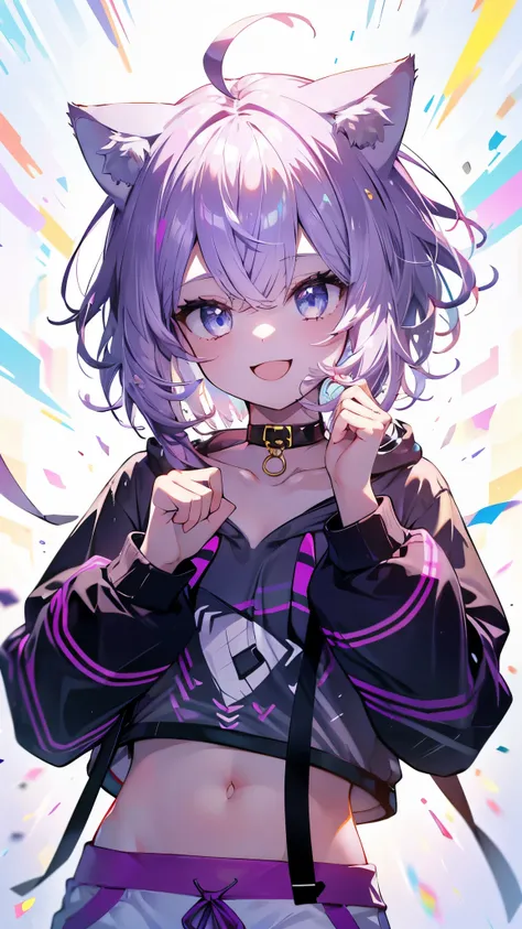 (Ultra-high resolution,masterpiece, Attention to detail, Highest quality), 8k,(aaokayu, short hair, ahoge, animal ears, cat tail, animal collar, black collar, collarbone, print hoodie, black hoodie, long sleeves, midriff, white pants),(Blessed,Captivating ...