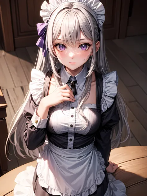 One girl,Gray Hair,Purple eyes,Maid,Long Hair,Tarem&#39;s eyes,Yandere,2-pin,Focus on the legs,Place your hands on your thighs, X-shaped hair band,From below,Half-closed eyes,Close,blush,sweating,bare feet,feet,(5 toes 1.5),onlys of feet,feet focus,sweatin...