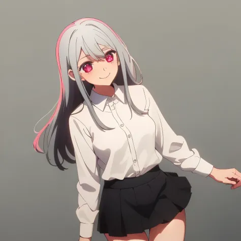 ((masterpiece, best quality)), (1girl), (solo), (female focus), (white hair, long hair), (red eyes), light smile, closed mouth, ((white shirt), (buttoned shirt), ((black skirt), (short skirt)), standing, white background, dynamic angle, 25 year old woman