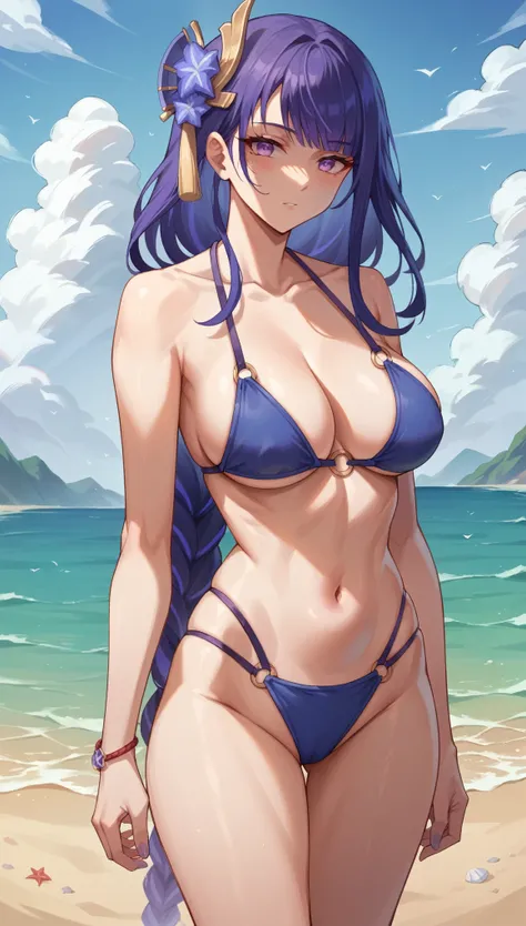 Raiden Shogun, beautiful girl, mature, big breasts, blue bikini,slim,standing, beach,no veil,