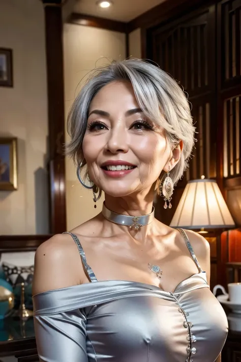 75 years old　Mom　MILF　Chinese Lady　large earring　Big choker　navel piercing decoration　A bracelet　Silver Hair　realisitic　Gorgeous Madame Beautiful Mature Woman　sexy　Smile　Gentle woman navel piercing　４K　High quality ドレス