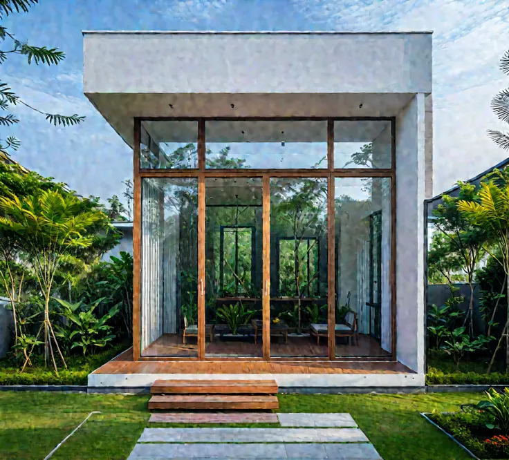 A hyper-realistic , a modern one-story house with a minimalist design, (very small house: 1.2) ,((with a facade less than 4 meters wide:1.2)), white and glass materials, wood, The house has a flat roof, large floor-to-ceiling glass windows, The garden inc...