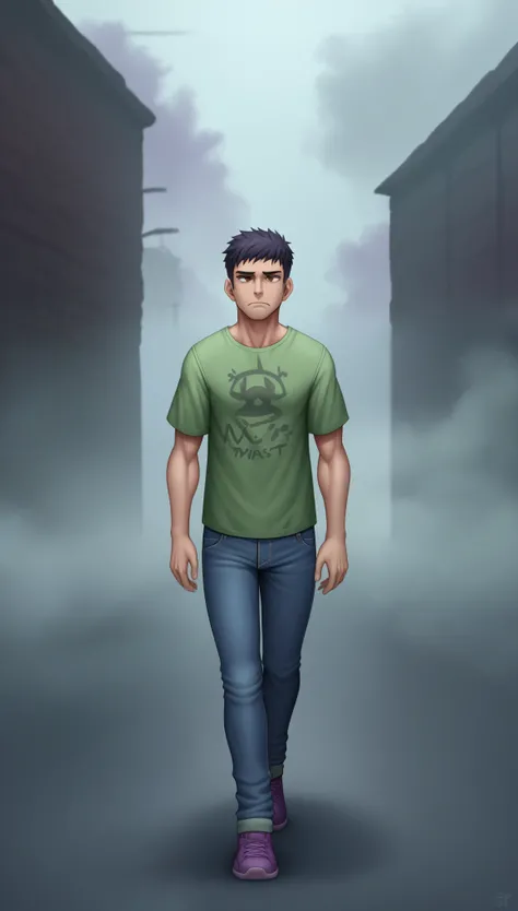(zPDXL2), score_9, score_8_up, score_7_up, source_anime, 2d, BREAK 1boy, solo, fullbody, (athletic body), short messy black hair, brown eyes, (pale skin, drug addict, tired face), (walking, look to camera, centered pose), (deep purple color thick fog, dee...