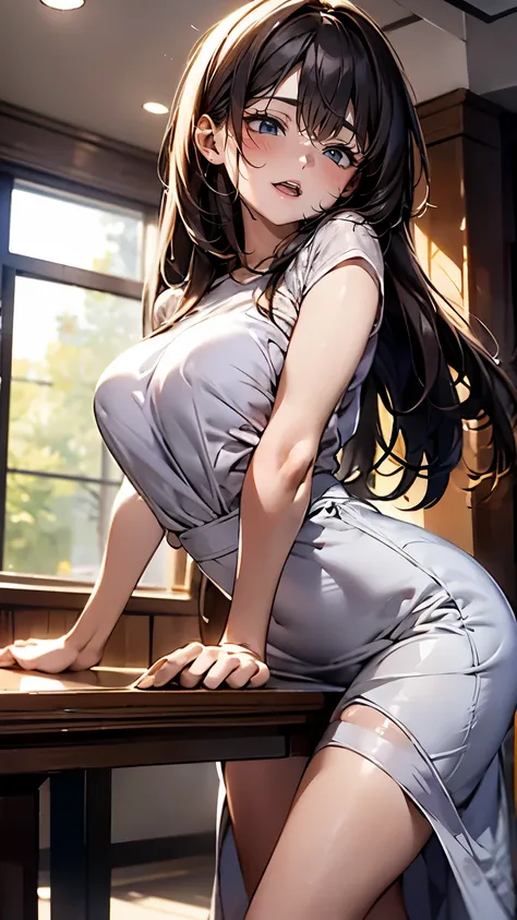 person standing by table corner, various pattern transparent casual dress, a woman is masturbating with rubbing her crotch for t...