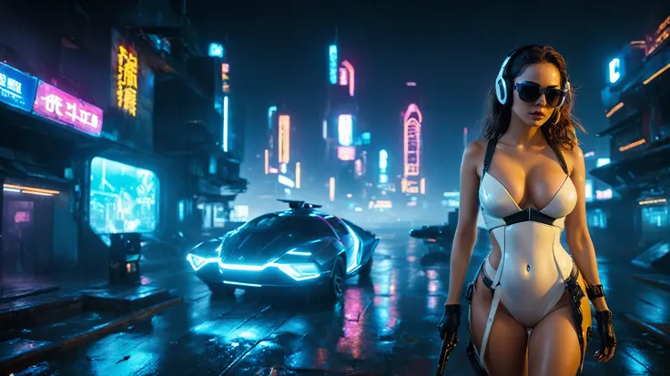 (aerial view, a flying cars docking platform, a very dark abandoned futuristic city, neon lights), rainy night. (((1girl, solo, ...