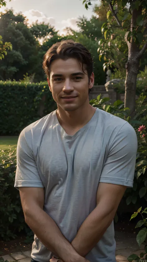 a man posing in the garden, relaxing, smile, garden photography, handsome man, extremely detailed face, smile, detailed eyes, detailed lips, chiaroscuro lighting, cinematic composition, dramatic lighting, moody atmosphere, warm color palette, high contrast...