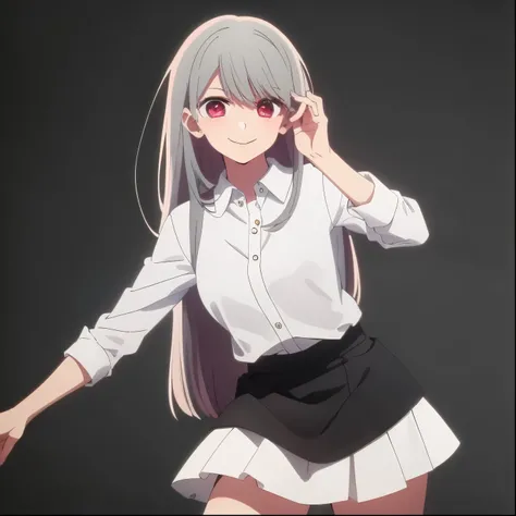 ((masterpiece, best quality)), (1girl), (solo), (female focus), (white hair, long hair), (red eyes), light smile, closed mouth, ((white shirt), (buttoned shirt), ((black skirt), (short skirt)), standing, white background, dynamic angle, 25 year old woman