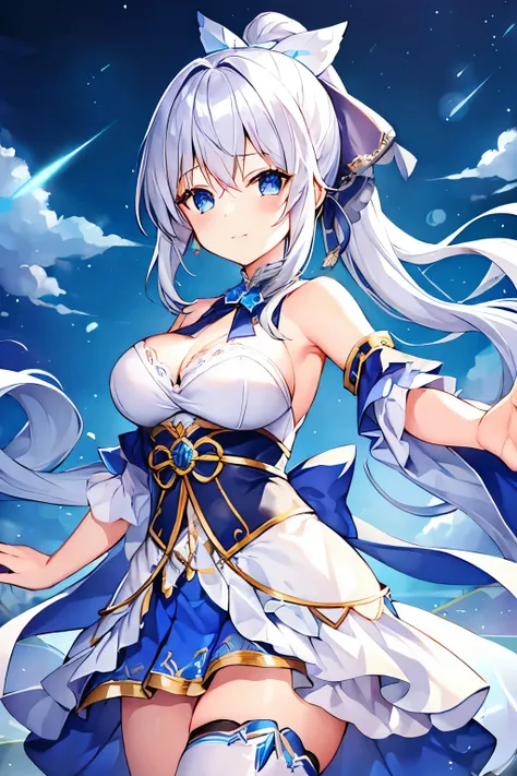 1 girl、Silver Hair、ponytail、Fantasy Clothing、Blue Dancer&#39;s Outfit、Purple decoration、accessories、(Expose、Bigger breasts)、