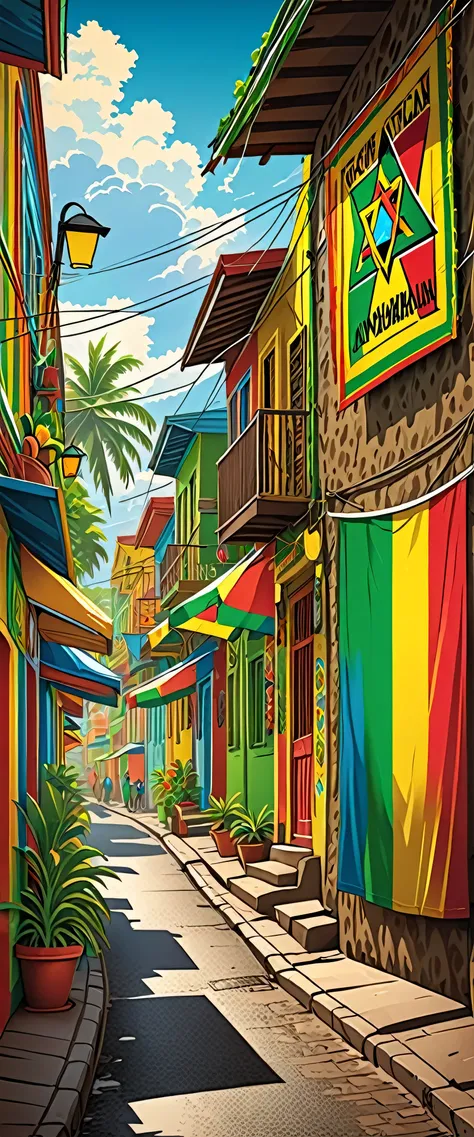 Vector art, Lots of Jamaican Reggae, Authentic Jamaican reggae music atmosphere, Chic colors,Attention to detail, 
Streetscape,Shield of David,Rastafarian,Full raster color