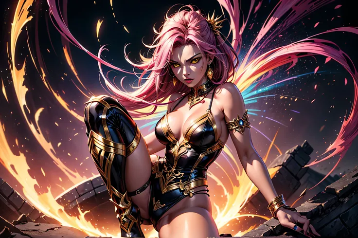 There is lost coliseum there stand female lioness in battle stance, she have ebony colour skin beautiful yellow eyes dark gold eyeshadows make up, ring style earrings, her hair is purple with pink highlights . she dressed in white neather topic with golden...