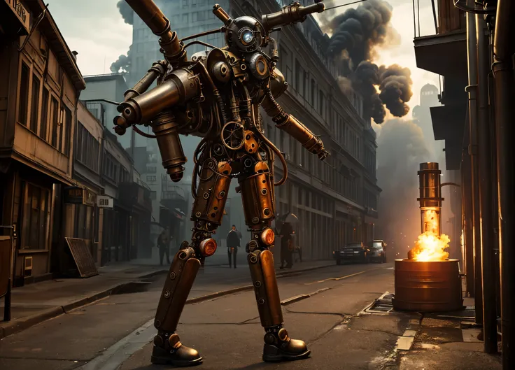 (steam punk)(a mechanical detective, humanoid, piston driven arms & legs, steam vents) walks the streets of the city seeking a wanted criminal