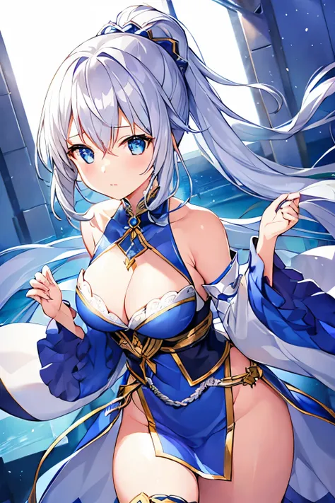 1 girl、Silver Hair、ponytail、Fantasy Clothing、Blue Dancer&#39;s Outfit、Purple decoration、accessories、(Expose、Bigger breasts)、No underwear、Fan、Dirty