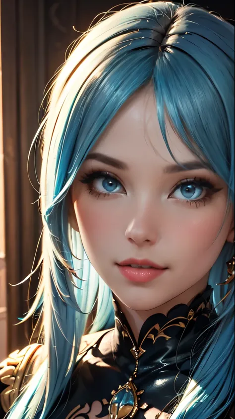 work of art, CRU, linda arte, professional artist, 8k, art style by shaman240, very highly detailed face, very detailed hair, 1womanl, perfectly dCRUn body, beautiful face, long hair, hair light blue , very detailed blue eyes , rosy cheeks, intricate det...