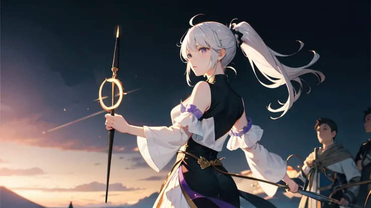 One girl, magic circle, Depth of written boundary,Side light, A beautiful purple-eyed magician with white hair tied in a ponytail、Holding a magic wand in his left hand、The scene where the villagers see him off on a desperate journey