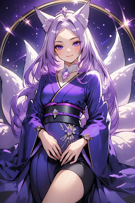 ((best quality)), ((masterpiece)), (detailed), detailed eyes, detailed hands, full-length body image, female humanoid kitsune, wearing a short kimono, crystal crown on top of her head, light purple hair, light purple fox ears, 2 purple crystal fox tails, 1...