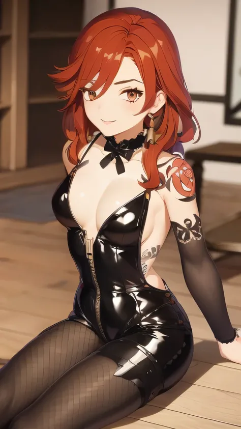 In the Rec Room, my The Almighty girl (15 years old, Red hair,Small Breasts,) Sitting on a stuffed animal, Leather jumpsuit (Bow and line, Ribbon, Floral) Happy moments, , The Almighty , Black fishnet tights , There are some traditional Japanese tattoos