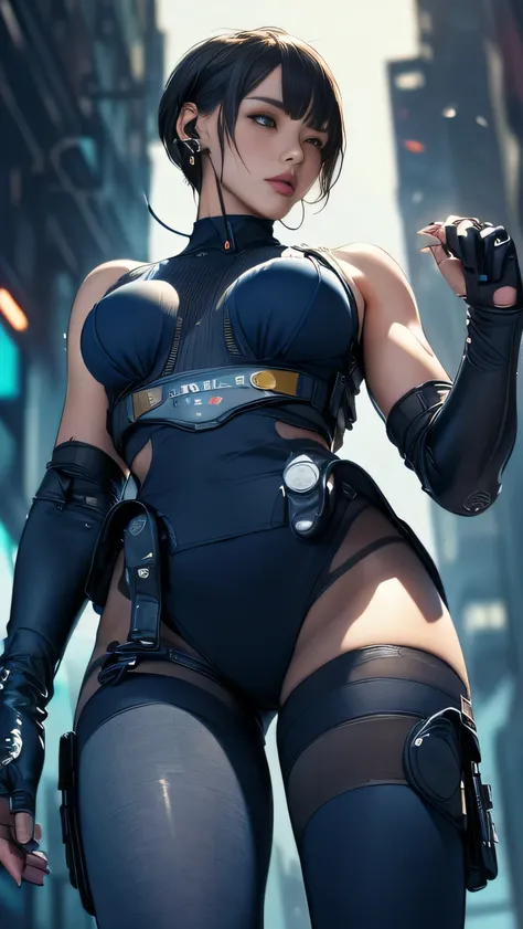 (A woman),(((A female member of the Future Force rides a motorcycle))),((Navy blue tactical tights:1.5)),((earphone:1.5)),((Tactical Holster:1.5)),(Gloves:1.5),(Serious:1.5),(Super short hair:1.5),(bionde:1.5),(beautiful eyes:1.3),(Very detailedな顔:1.5),((V...