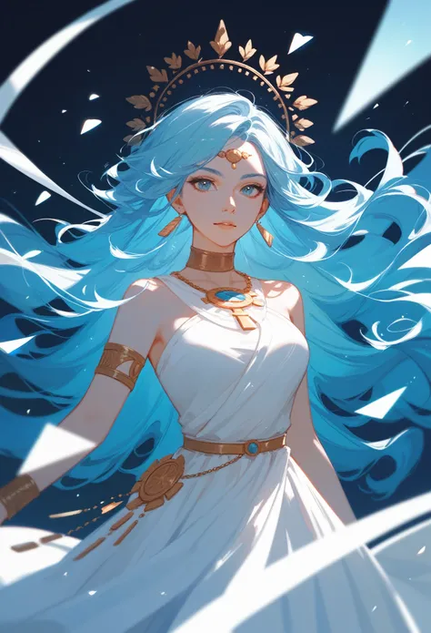 (Fraction_9,Fraction_8_Direction_7_up),1 a woman,（（（bust）））,Fengshin，Greek mythology，White clothes，Light blue hair，The ability to control the wind，Flowing hair，