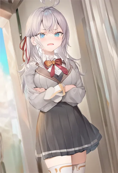1girl,  alisa mikhailovna kujou,tokidoki bosotto roshia-go de dereru tonari no arya-san,solo, long hair, eyebrows visible through hair, hair between eyes, silver hair, hair ribbon, blue eyes, medium breasts, ,white legwear,zettai ryouiki, long sleeves, jac...