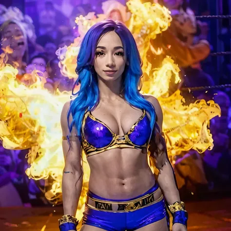 Sasha Banks,  female wrestler,  blue hair,   frame,  small breasts,  purple and gold matching bra and boy shorts,  striking a confident pose,  fantastical and queen aesthetics, background is dynamic and reflects power.  Include smoke effect.  Smiling