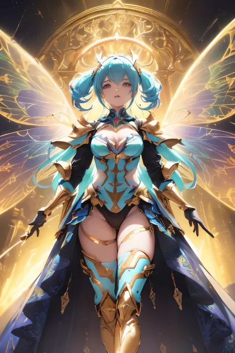 (best quality, masterpiece, colorful, dynamic angle, from below, highest detailed)upper body photo, full body photo, fashion photography of cute mechangel, glowing 4 wings, solo, glowing armor, glowing halo, building, glowing mechanical 4 wings (intricate ...