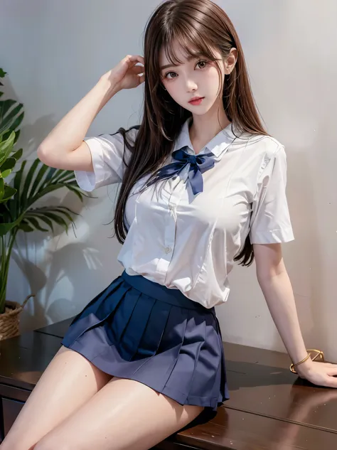 (ultra HD), (Sailor suit, White short sleeve shirt, Navy blue mini skirt, Tight fit), Big Breasts, Slender, whole body, (Clean and shiny skin, Whitening, No makeup), (超Slenderな顔立ち, Super beautiful face, Delicate face), (long hair, Layered Cut, Fluffy hair,...