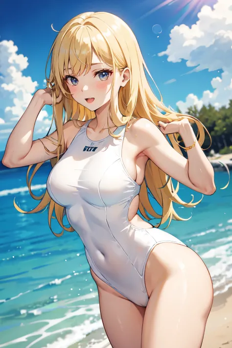 high school girl，Lewd，White swimsuit，Golden Hair，Sexy pose
