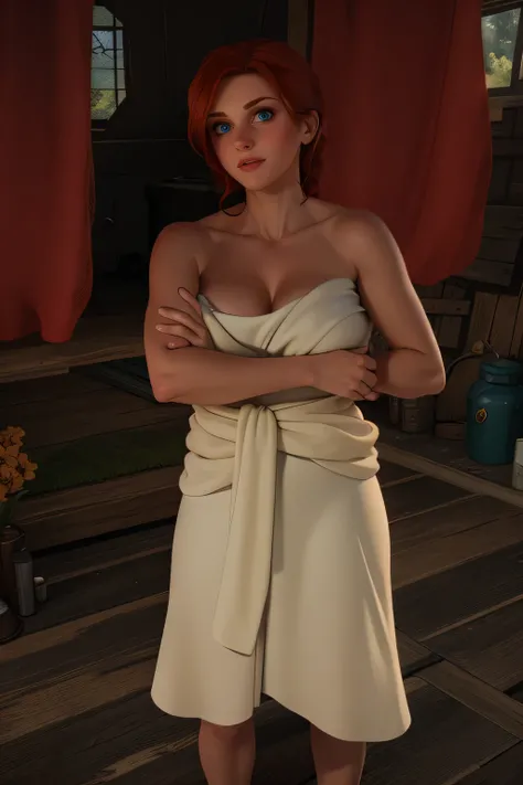 1girl, 35yo, mature, redhead, sorceress, Triss Merigold wrapped in a bath towel, standing inside a tent, daylight coming from open door to her face