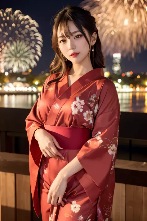 ((Highest quality)), ((masterpiece)), (detailed), One girl, yukata、Night view、Luxurious obi 、Glamour、Red costume、Fireworks background