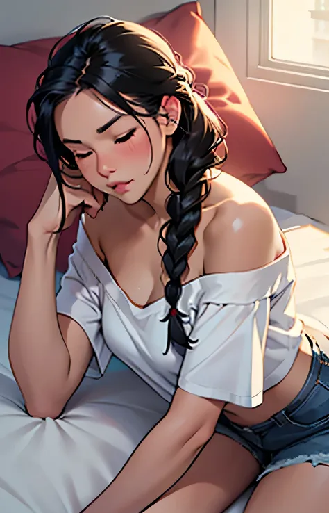 Sexy woman, black hair, single braid, long forehead, eyes closed, lips parted, deepest blush, flustered, lustful, off shoulder t shirt and blue short shorts, lying on bed, very seductive, aroused, head on pillow, facing up 