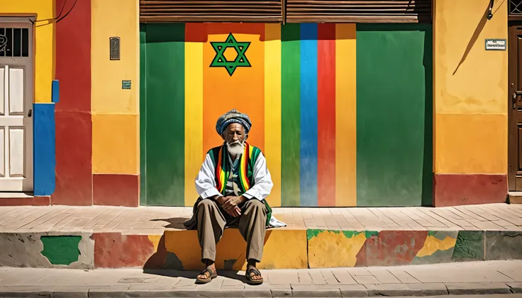 Streetscape,Shield of David,Rastafarian,The entire surface is divided horizontally into three parts in raster colors,Old man sitting