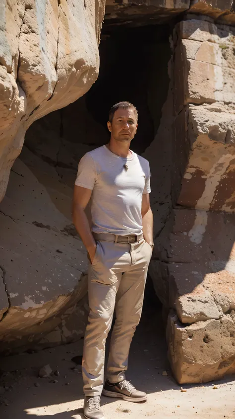 Lisbon, A young ((((39-year-old)) Marcus Logan)), pale englishman, tall, standing in front of a canyon, ((colorful))