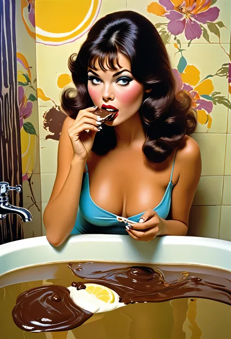 Cute dainty Japanese girl in bathroom, eating melting chocolate candy bar, chocolate all over her fingers and face, lemonade on her legs and feet, sour cream on her face, chocolate pudding smeared on walls, old Japanese porn aesthetic, by Frank Frazetta, b...