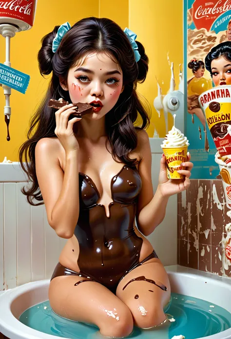 Cute dainty Japanese girl in bathroom, eating melting chocolate candy bar, chocolate all over her fingers and face, lemonade on her legs and feet, sour cream on her face, chocolate pudding smeared on walls, old Japanese porn aesthetic, by Frank Frazetta, b...