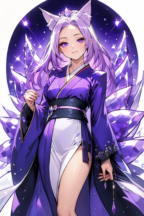 ((best quality)), ((masterpiece)), (detailed), detailed eyes, detailed hands, full-length body image, female humanoid kitsune, wearing a short kimono, crystal crown on top of her head, light purple hair, light purple fox ears, 2 purple crystal fox tails, 1...