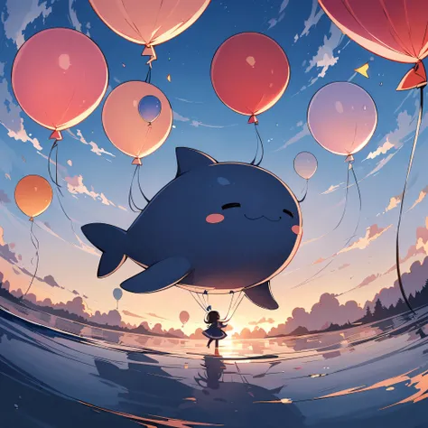 Whale Balloonに乗る女の子, pretty girl, Deformation, Flying in a whale balloon, Whale Balloon, Black Hair Girl, 空を飛ぶWhale Balloon, Clouds and sky background, 