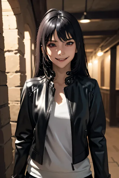 Highest quality High resolution Simple Remainsの様なDungeons RemainsDungeons Long bangs Adult female Adventurer Girl Loose expression cute smile Leather jacket Beautiful Eyes One Woman Long side hair Very black hair Shiny long hair Straight hair Ahoge Wide sl...
