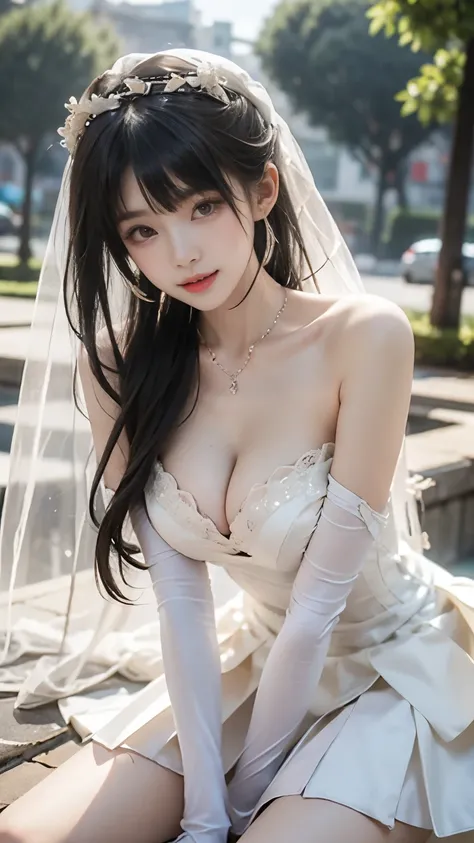 tokisaki kurumi,huajia,wedding dress, ((knee shot)), ((Shoot at random angles)), ((Visible cleavage)), ((E-cup)), ((I-type Valley)), ((Warm colors)), Long-range shooting, A beautiful woman，Elegant posture，Standing，Slender figure。Her legs are slender and st...