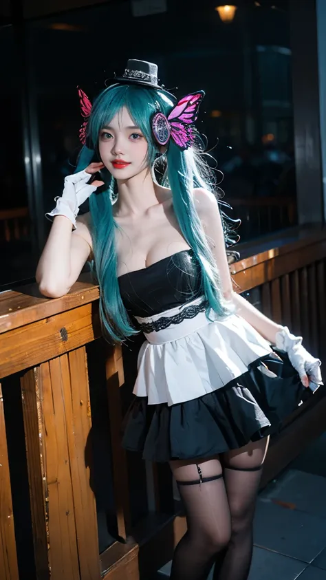 hatsune miku cosplay costume, hatsune miku, cosplay, twintails, aqua hair, very long hair, strapless dress, dress, fingerless gl...