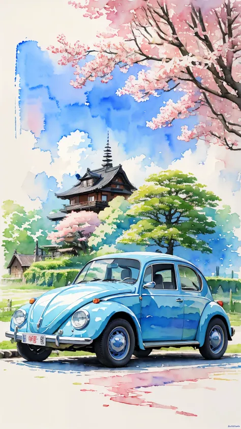 (masterpiece:1.2, Highest quality),(Very detailed),((watercolor)),8k,wallpaper,Blue Volkswagen Beetle,Kyoto in Summer,(((Ghibli style)))