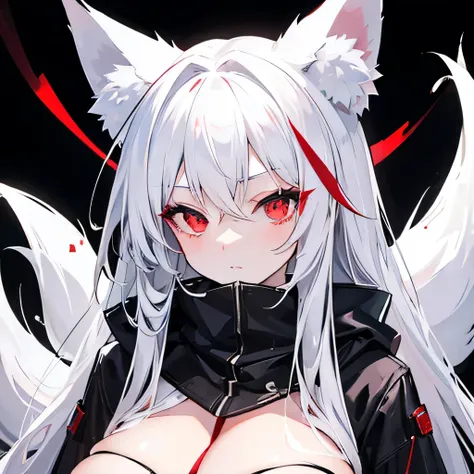 Silver hair, long hair, red eyes, cute face,sexy, black hood, G_CUP(HUGE_BREASTS) , White fox ears, nine white fox tails, There is a white fox mask on the top right of the head