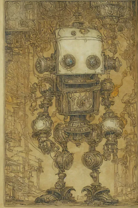 steampunk、sketch、the style of kawanabe kyosai、i&#39;m a clumsy robot with a square head.、it has eyebrows, eyes, nose and mouth.、...