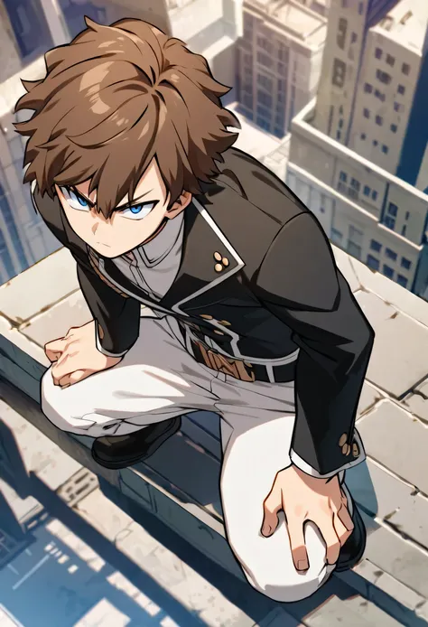 A serious brown-haired, Wavy shoulder-length blue-eyed 17 years old boy, With a black jacket with white details and white pants, in a pose from above with a city background, Boku no hero academy style