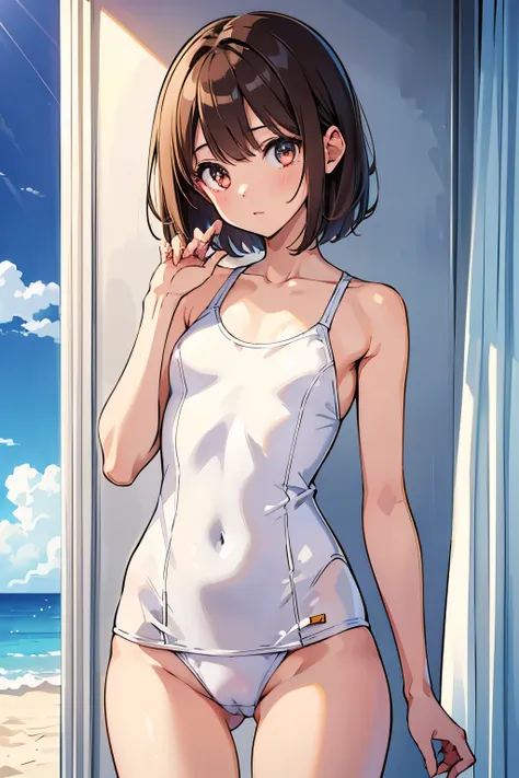 high quality, 最high quality, Complete limbs, Ultra-high resolution, One girl, Shining Eyes, Full hands and fingers, Slender beauty, White school swimsuit, White skin, Put your arms behind your back, Brown Hair, Short Hair,