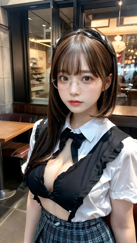 The pieces fly, Highest quality, figure, Very detailed, Fine details, High resolution, 8k,wallpaper, Perfect dynamic composition,(Detailed high quality, Realistic depiction of eyes:1.3), Waitress Uniform, restaurant,  Short Bob Hair、Black hair color, Big N...