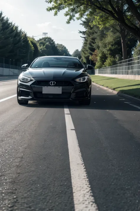 black car, coming on the track, front angle, camera on the street floor, background with trees