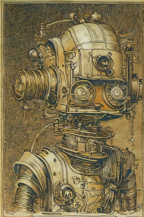 steampunk、sketch、the style of kawanabe kyosai、i&#39;m a clumsy robot with a square head.、it has eyebrows, eyes, nose and mouth.、...