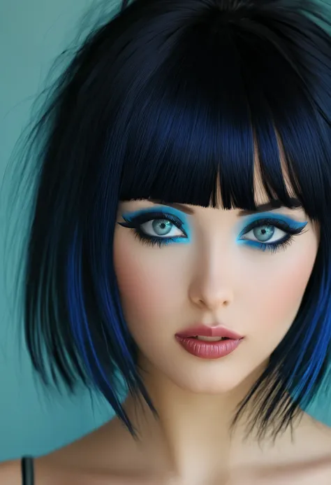 1girl, bellissima, black hair, blunt bangs, blue eyes, black eyeliner,